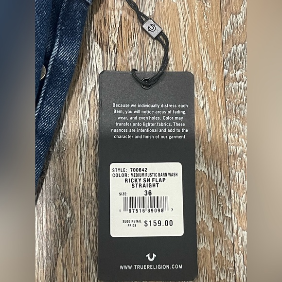 True Religion Men's Dark Blue Straight Jeans, 36x34”, “Ricky” Fit - Picture 8 of 8